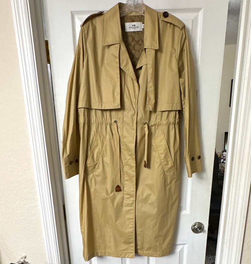 Coach New York Beige Long Trench Coat Size M Drawstring Button Lined